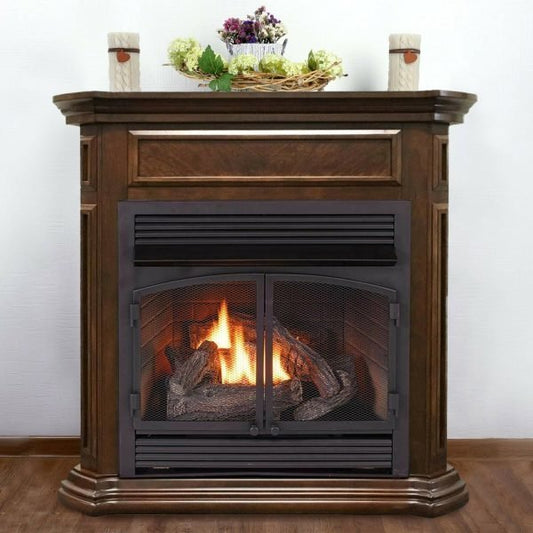 Duluth Forge Dual Fuel Ventless Gas Fireplace With Mantel – 32,000 BTU, T-Stat Control, Nutmeg Finish – Model# DFS-400T-4NG