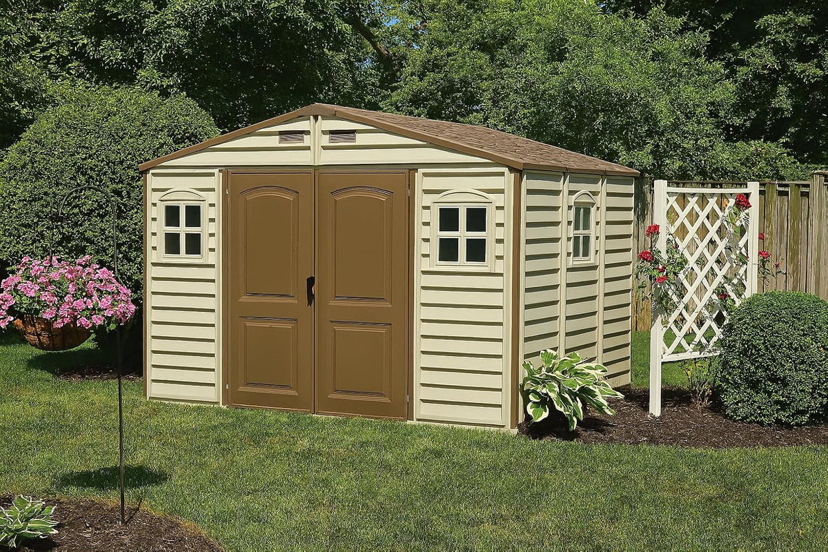 Woodside 10 X 8 (8.02 M2) Plastic Garden Shed with 3 Fixed Windows & Metal Foundation Kit, Strong Metal Roof Structure Fire Retardant and Maintenance-Free Storage Shed - Ivory/Brown