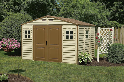 Woodside 10 X 8 (8.02 M2) Plastic Garden Shed with 3 Fixed Windows & Metal Foundation Kit, Strong Metal Roof Structure Fire Retardant and Maintenance-Free Storage Shed - Ivory/Brown