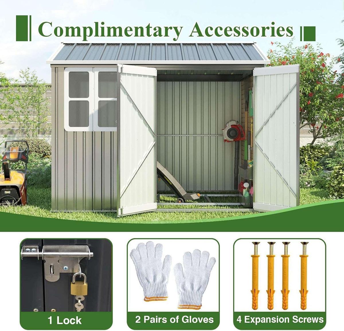 Garden Shed Steel Apex Roof House Outdoor Backyard Storage with Lockable Double Doors Window Free Foundation Tool Equipment Organizer Air Vents 8X6Ft Grey