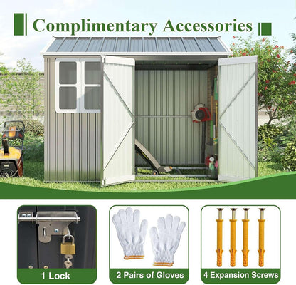 Garden Shed Steel Apex Roof House Outdoor Backyard Storage with Lockable Double Doors Window Free Foundation Tool Equipment Organizer Air Vents 8X6Ft Grey