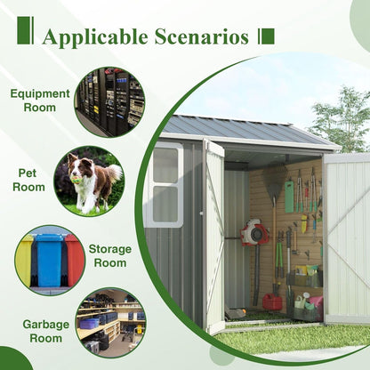 Garden Shed Steel Apex Roof House Outdoor Backyard Storage with Lockable Double Doors Window Free Foundation Tool Equipment Organizer Air Vents 8X6Ft Grey