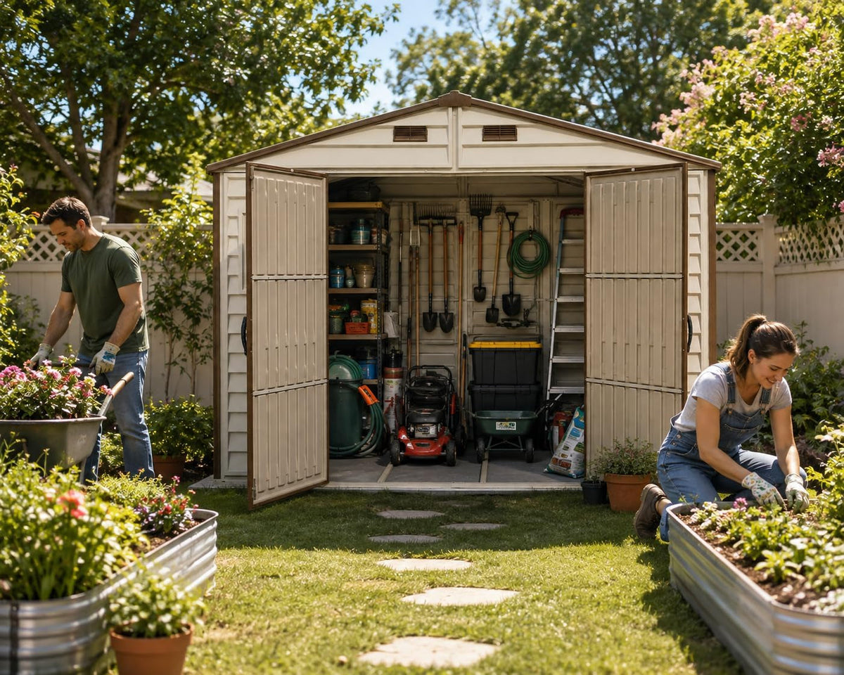 Woodside 10 X 8 (8.02 M2) Plastic Garden Shed with 3 Fixed Windows & Metal Foundation Kit, Strong Metal Roof Structure Fire Retardant and Maintenance-Free Storage Shed - Ivory/Brown