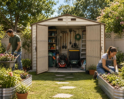 Woodside 10 X 8 (8.02 M2) Plastic Garden Shed with 3 Fixed Windows & Metal Foundation Kit, Strong Metal Roof Structure Fire Retardant and Maintenance-Free Storage Shed - Ivory/Brown