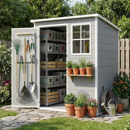 5×3 FT Plastic Garden Storage Shed with Floor,All Weather Resin Sheds and Outdoor Storage,Waterproof Outdoor Shed with Lockable Door/Sloped Roof/Window/Vent,For Yard,Patio,Lawn,Bike