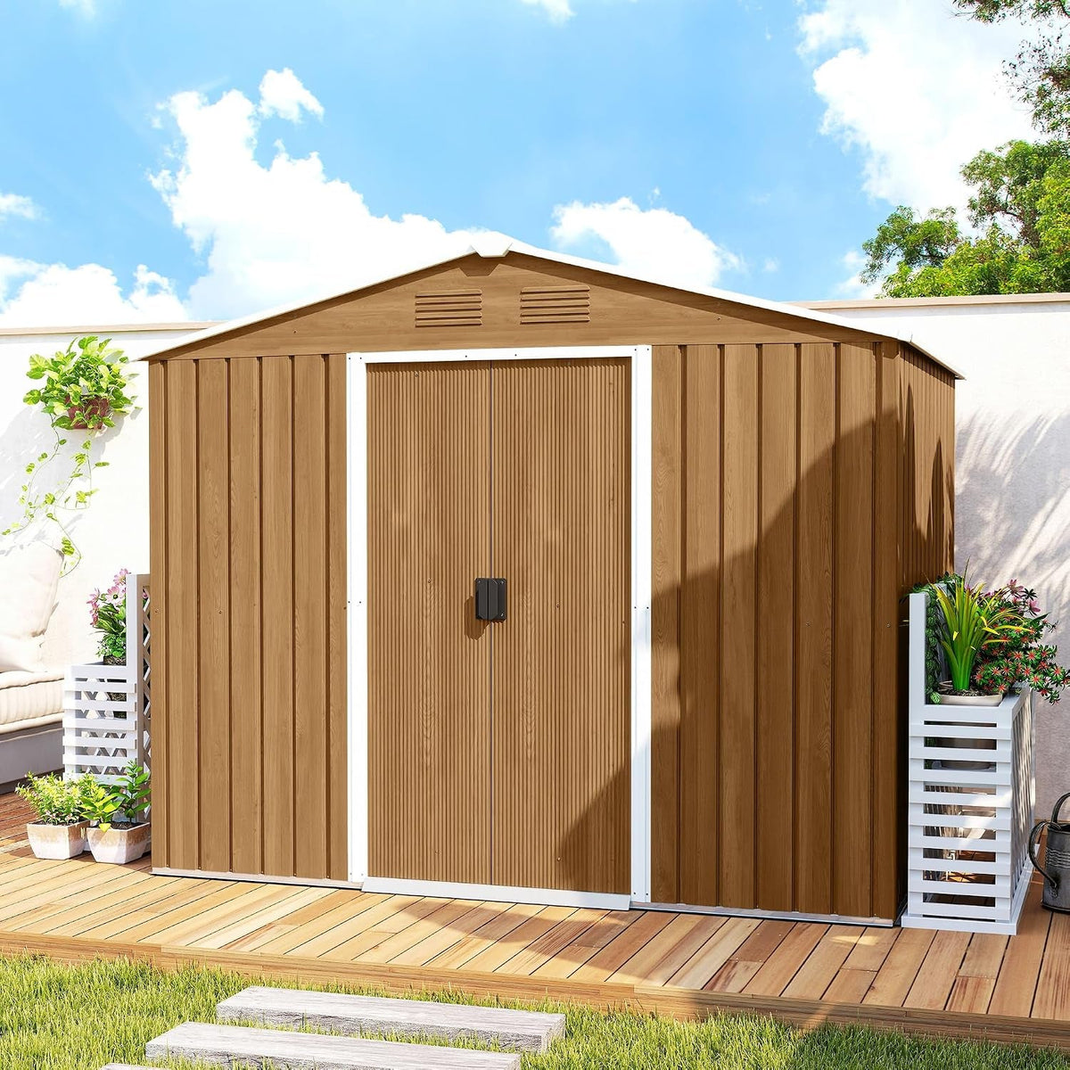 7.7 X 5.6Ft Metal Garden Shed with Vents Brown Wood Effect