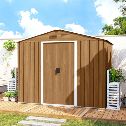 7.7 X 5.6Ft Metal Garden Shed with Vents Brown Wood Effect