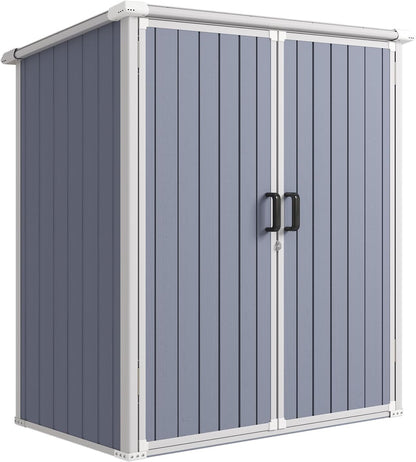 5 X 3 FT Outdoor Storage Shed, Resin Shed with Floor & Lockable Doors, Small Garden Shed Waterproof Plastic Tool Shed with Sloped Roof for Backyard, Garden, Patio, Lawn, Grey