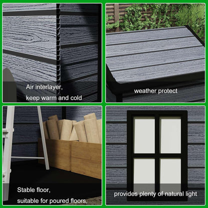 4X3FT Plastic Garden Shed with Floor Apex Roof Wood Grain Effect Fade Free All Weather Resistant Lockable Door Outdoor Storage Box Air Vent&Window Garden Tool Shed Low Maintenance Grey