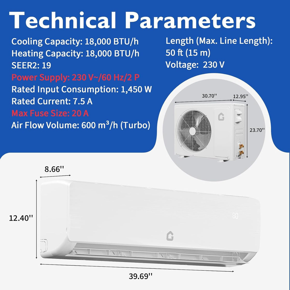12000 BTU Mini Split Air Conditioner Heat Pump System, Enabled for Wifi 20 SEER2 208V - 230V AC Duct Free Cooling up to 750 Sqm Ft, Compatible with Alexa, Kit