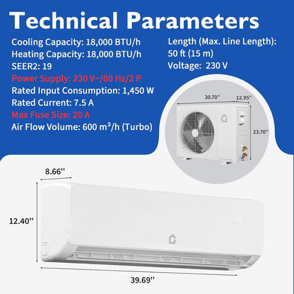 12000 BTU Mini Split Air Conditioner Heat Pump System, Enabled for Wifi 20 SEER2 208V - 230V AC Duct Free Cooling up to 750 Sqm Ft, Compatible with Alexa, Kit