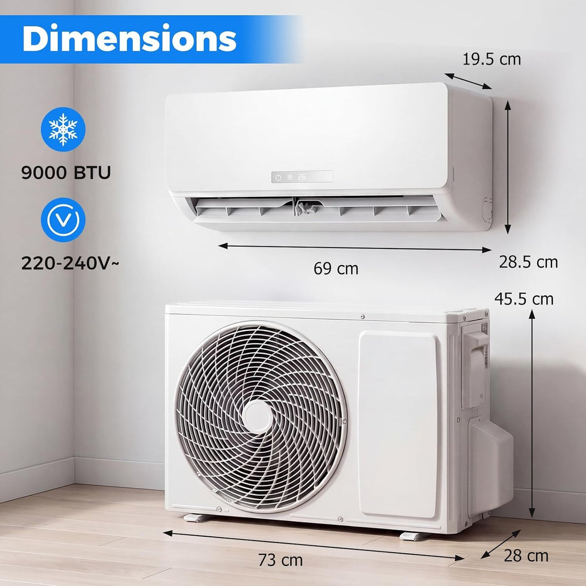 9000 BTU Air Conditioner Wall Split, 5 in 1 Air Conditioning Unit Heater Dehumidifier Air Purifier Fan with Heat Pump, Remote & Installation Kit, A++ Rating, Inverter, Wall AC Unit for 42㎡