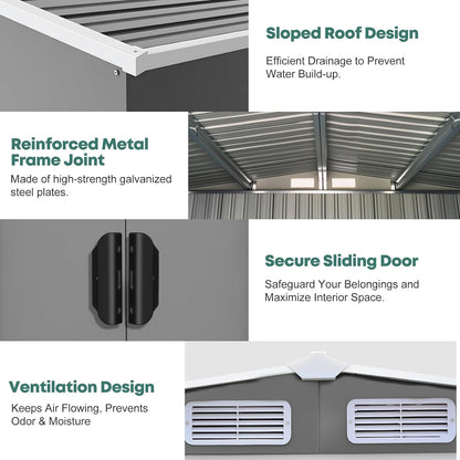 Metal Garden Shed Storage Sheds Heavy Duty Outdoor FREE Base Foundation Green/Grey Color (10X8 Grey)