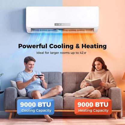 9000 BTU Air Conditioner Wall Split, 5 in 1 Air Conditioning Unit Heater Dehumidifier Air Purifier Fan with Heat Pump, Remote & Installation Kit, A++ Rating, Inverter, Wall AC Unit for 42㎡