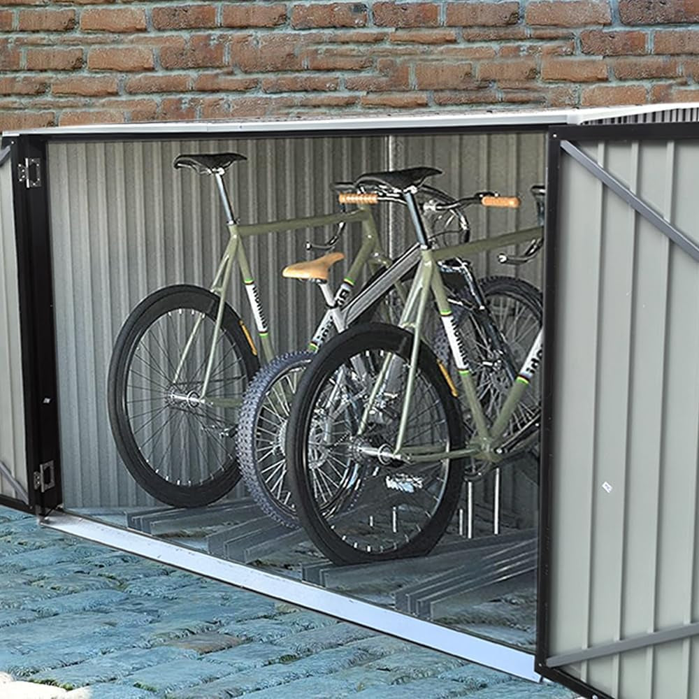 Metal Garden Shed Storage Bike Shed Pent Tool Shed House Galvanized Steel 4 Removable Gravity Locking Racks Can Put 4 Bicycles (4R)
