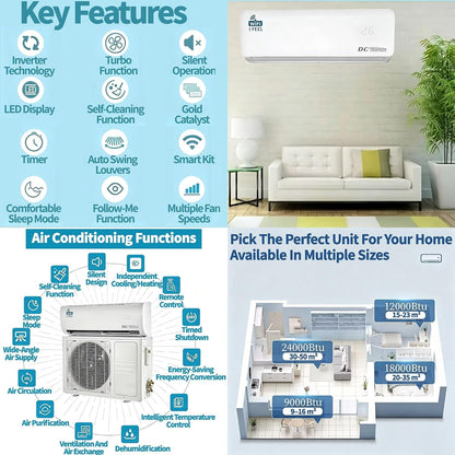 12000 BTU Air Conditioner, Wall Split, Wi Fi, 5 in 1, Cooler, Heater, Dehumidifier, Air Purifier, Heat Pump, Remote Control, 3.5 Kw, A++, App Control, Pre Gassed, 2 Pipes & Installation Kit Included
