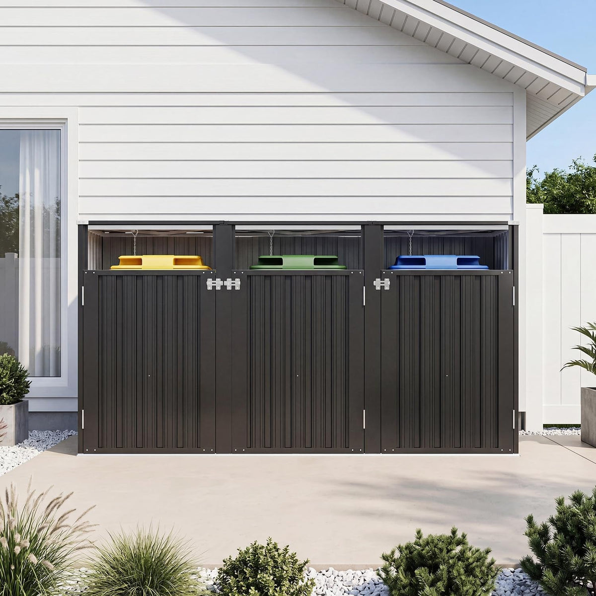 3 Wheelie Bin Storage, Outdoor Bin Storage Shed for 3 Bins up to 240L, Galvanized Steel Bin Store with Chain Lid & Reinforced Back Panel for Garden Patio Yard