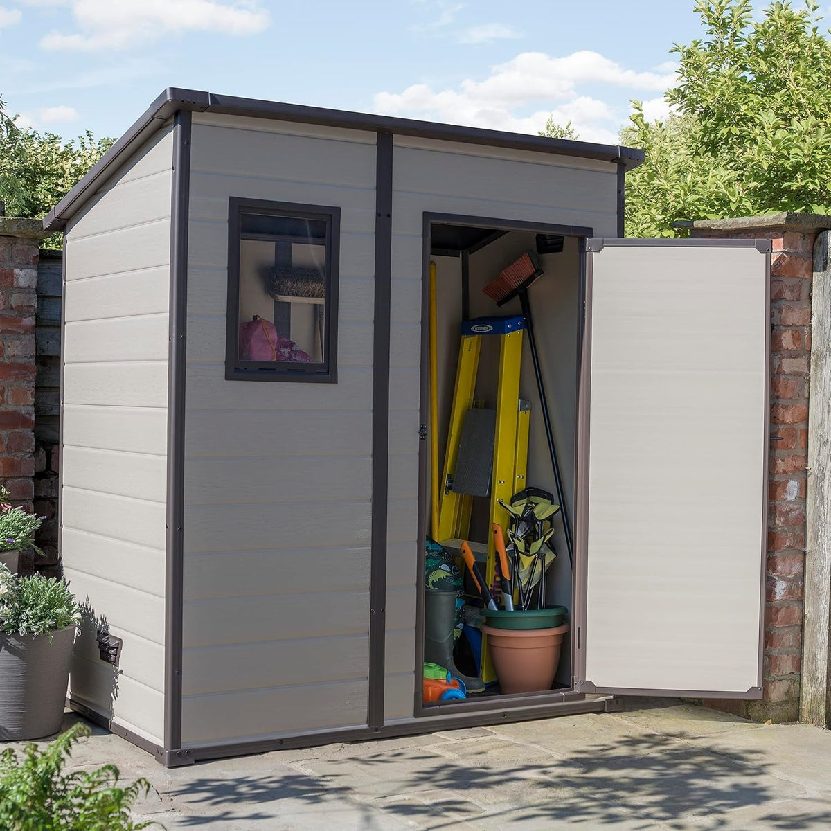Manor Outdoor Pent Single Door Garden Storage Shed 6 X 4Ft Beige Brown Wood Effect Fade Free All Weather Resistant Safe and Secure Zero Maintenance 15 Year Warranty
