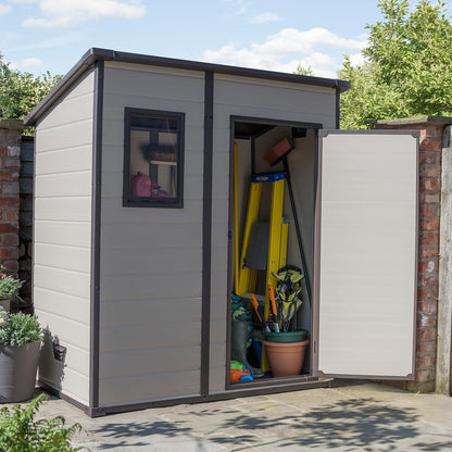 Manor Outdoor Pent Single Door Garden Storage Shed 6 X 4Ft Beige Brown Wood Effect Fade Free All Weather Resistant Safe and Secure Zero Maintenance 15 Year Warranty