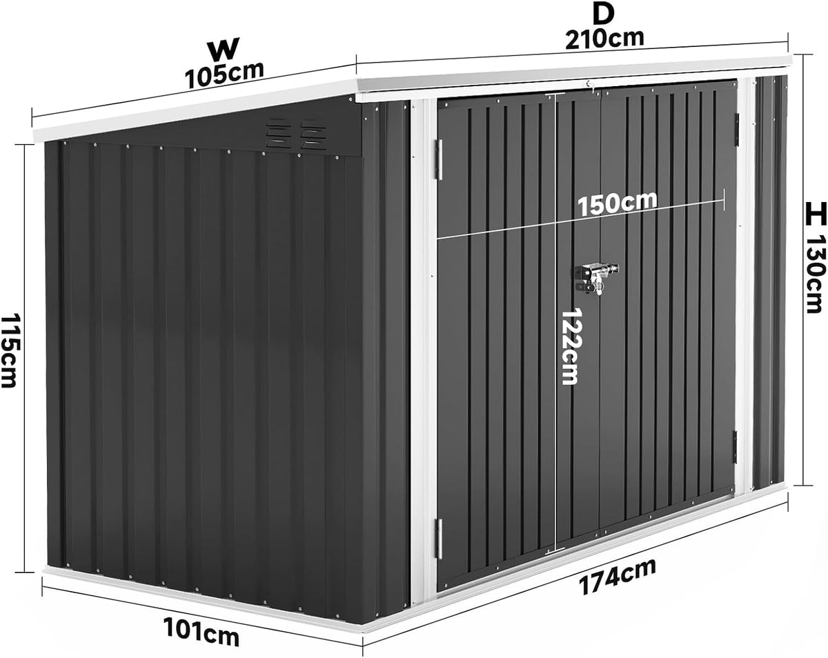 Lockable Garden Storage Shed, Outdoor Bike Shed with Door and Roof, Metal Galvanized Steel Pent Tool Storage Sheds for Bikes, Garbage Bins, Black (D105X W210X H130Cm)