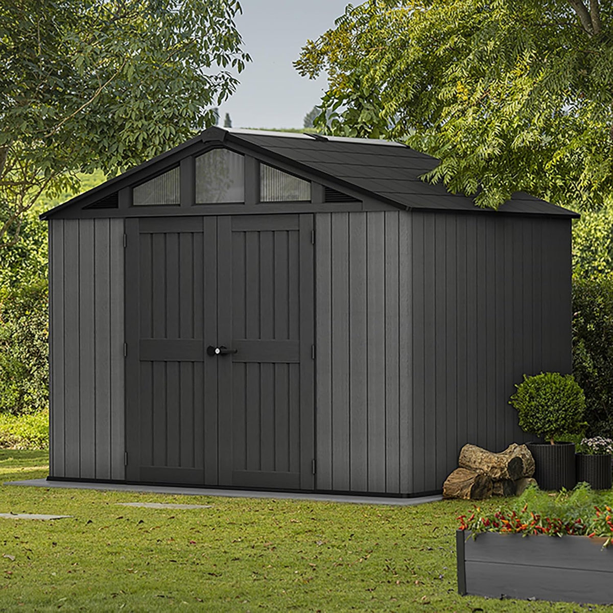 Stronghold 10X8 Garden Shed – Grey | Steel-Reinforced Evotech Resin | Extra-Wide Double Doors (152.5Cm) | Skylights + Windows | Ventilated & Weatherproof | Maintenance-Free Storage
