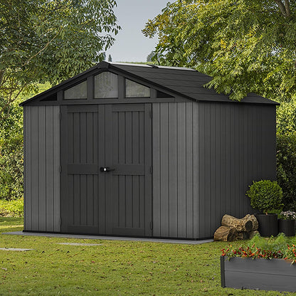 Stronghold 10X8 Garden Shed – Grey | Steel-Reinforced Evotech Resin | Extra-Wide Double Doors (152.5Cm) | Skylights + Windows | Ventilated & Weatherproof | Maintenance-Free Storage