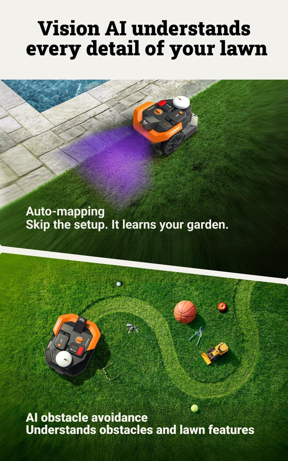 Landroid Vision Cloud WR305E 2WD Robotic Lawnmower without Boundary Cable for 500 M² (AI Obstacle Detection, VSLAM+ RTK Cloud Navigation, Auto Mapping, App Control)