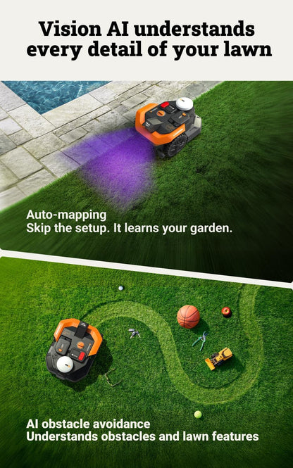 Landroid Vision Cloud WR305E 2WD Robotic Lawnmower without Boundary Cable for 500 M² (AI Obstacle Detection, VSLAM+ RTK Cloud Navigation, Auto Mapping, App Control)