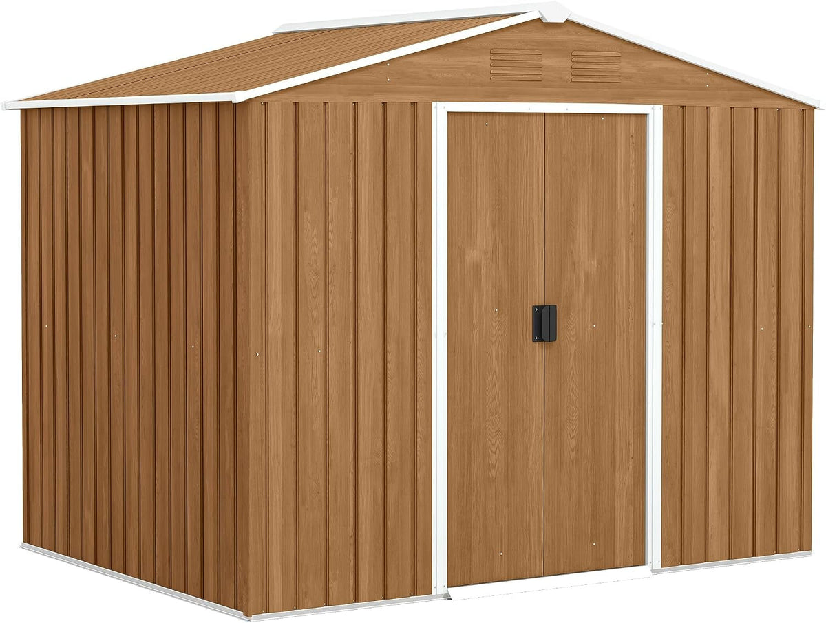 7.7 X 5.6Ft Metal Garden Shed with Vents Brown Wood Effect