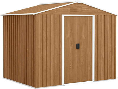7.7 X 5.6Ft Metal Garden Shed with Vents Brown Wood Effect