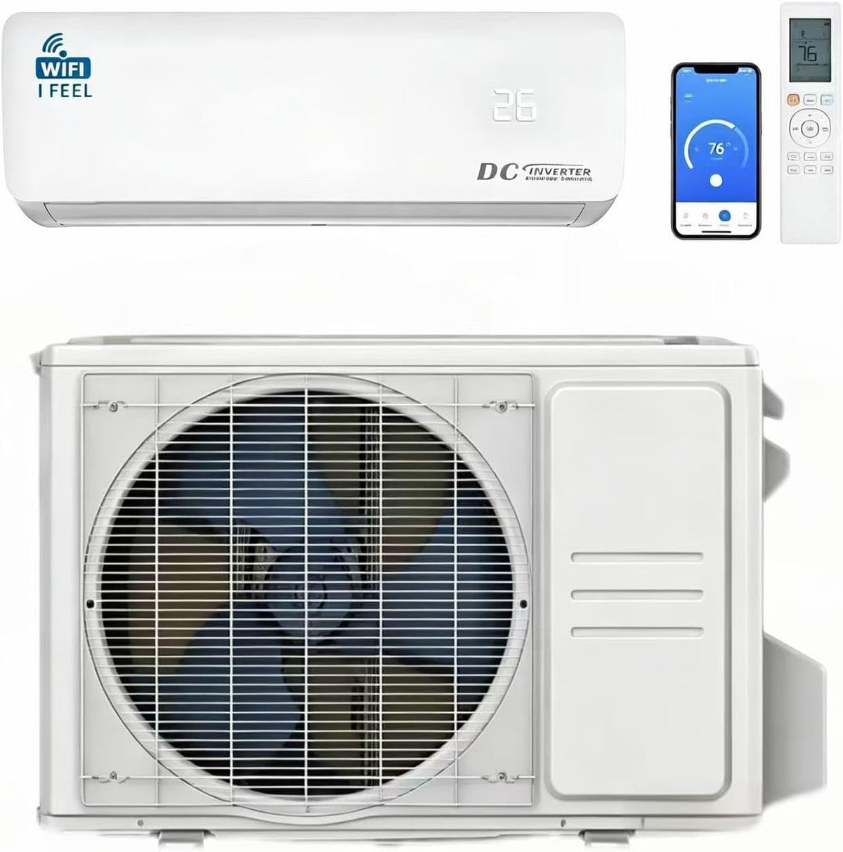 12000 BTU Air Conditioner Wall Split Wi Fi 5 in 1 Air Cooler Heater Dehumidifier Air Purifier Fan with Heat Pump Remote Control, 3.4 Kw A++ Rating, App Control, Pre Gassed