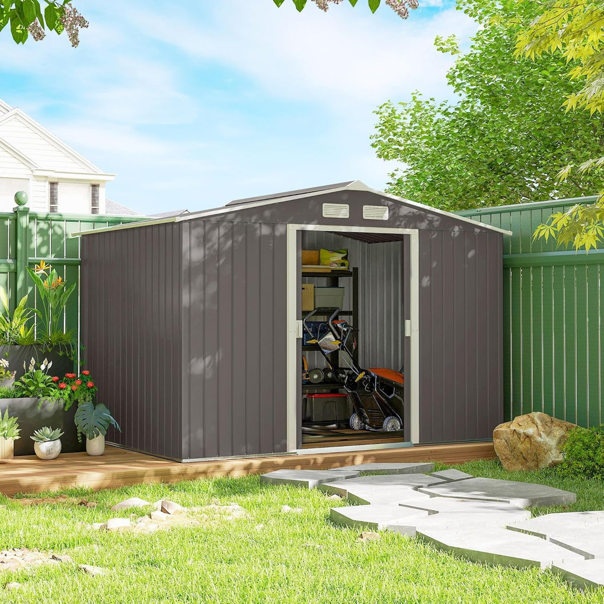 9 X 6 Ft Metal Garden Shed Waterproof Galvanised Grey