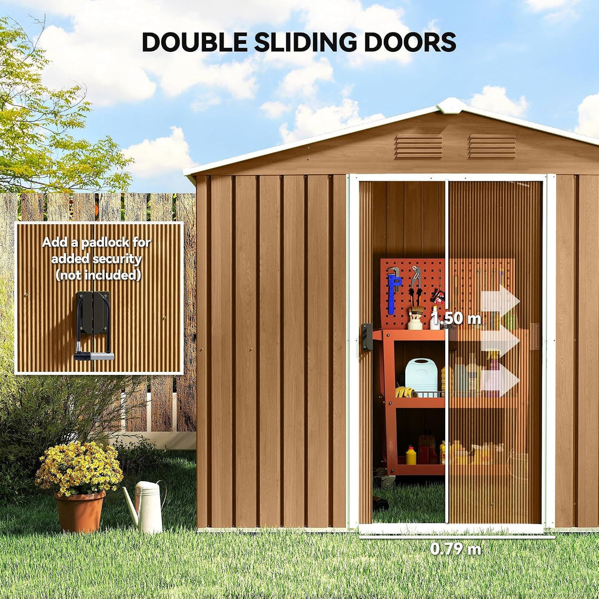 7.7 X 5.6Ft Metal Garden Shed with Vents Brown Wood Effect