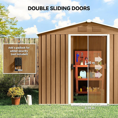 7.7 X 5.6Ft Metal Garden Shed with Vents Brown Wood Effect