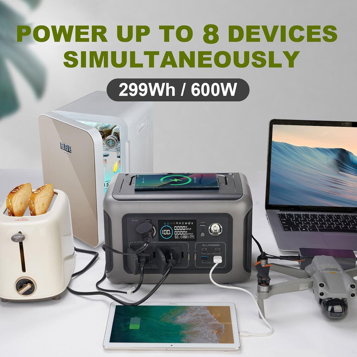 R600 Power Station with Solar Panel, 600W/ 299Wh Lifep04 Battery