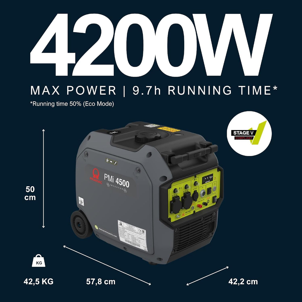 Pmi 4500 Inverter Petrol Generator - 4200W Max Power, Electric Start, Quiet Operation, Remote Control, ATS Compatible, Portable with Wheel Kit, Dual UK Sockets