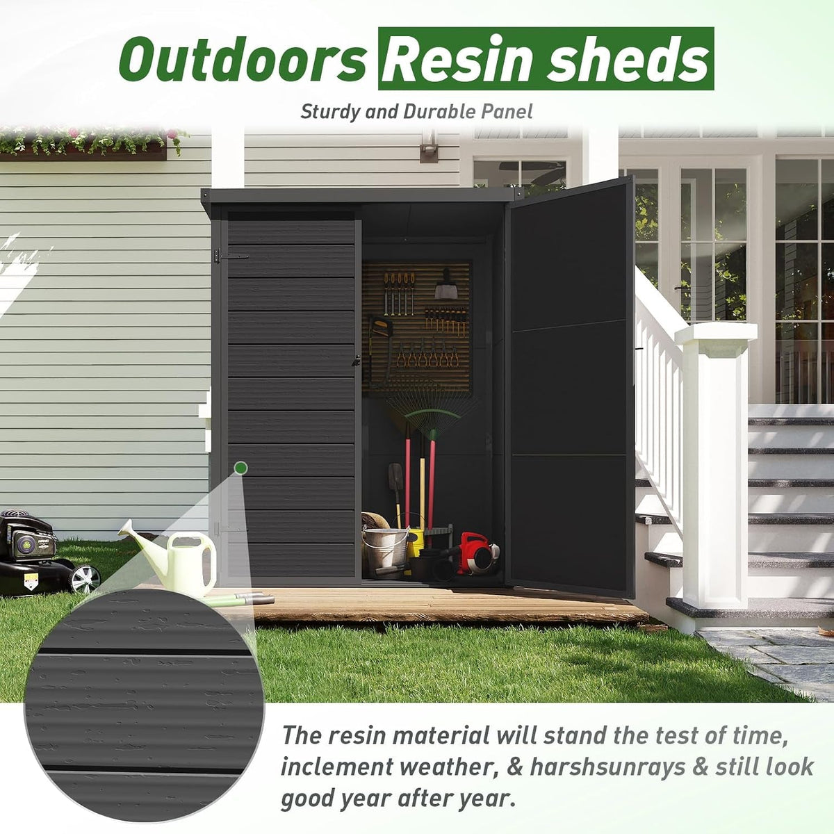 Garden Shed,  4.4×2.17FT All Weather Resin Storage Shed with Double Doors,Sloped Pent Roof Waterproof Sheds Outdoor Storage Plastic Shed with Floor Included Garden Tool Shed Low Maintenance-Black
