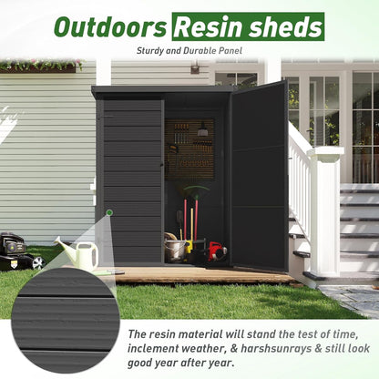 Garden Shed,  4.4×2.17FT All Weather Resin Storage Shed with Double Doors,Sloped Pent Roof Waterproof Sheds Outdoor Storage Plastic Shed with Floor Included Garden Tool Shed Low Maintenance-Black