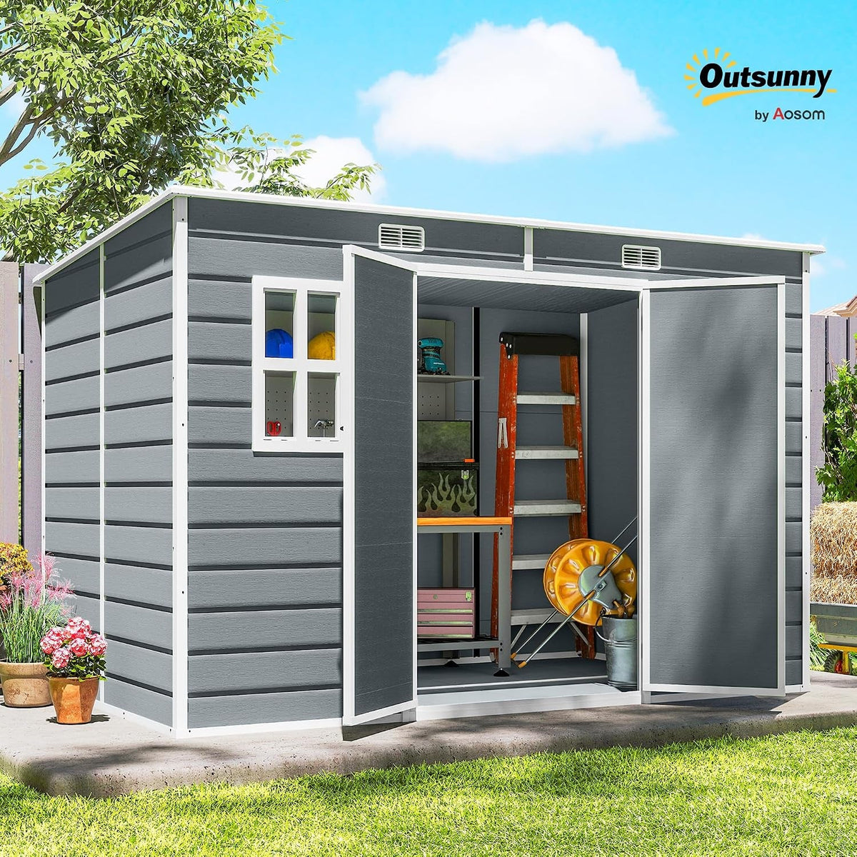 10 X 6 Ft Plastic Garden Shed with Floor, Lockable Doors Grey