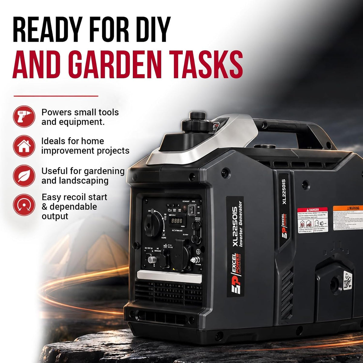 Excel Power Xl2250Is Inverter Petrol Generator - 2000W Peak 1800W Rated with 4.8L Fuel Tank | Quiet Portable Power Supply for Camping, Caravan, Motorhome, Outdoor Adventures & Home Backup