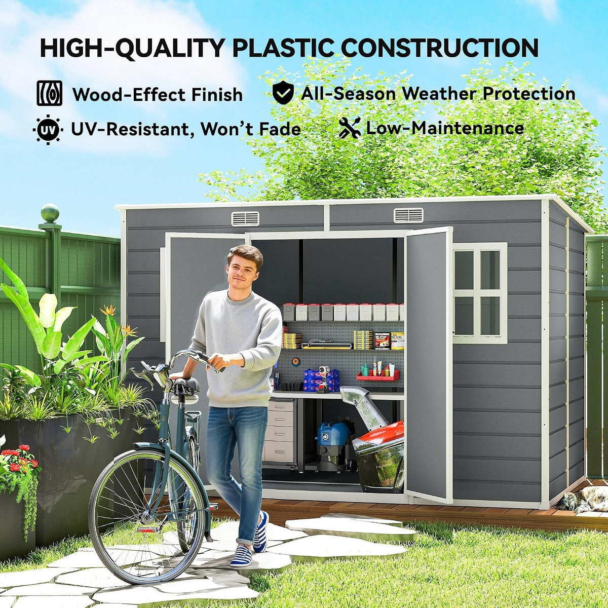 10 X 6 Ft Plastic Garden Shed with Floor, Lockable Doors Grey