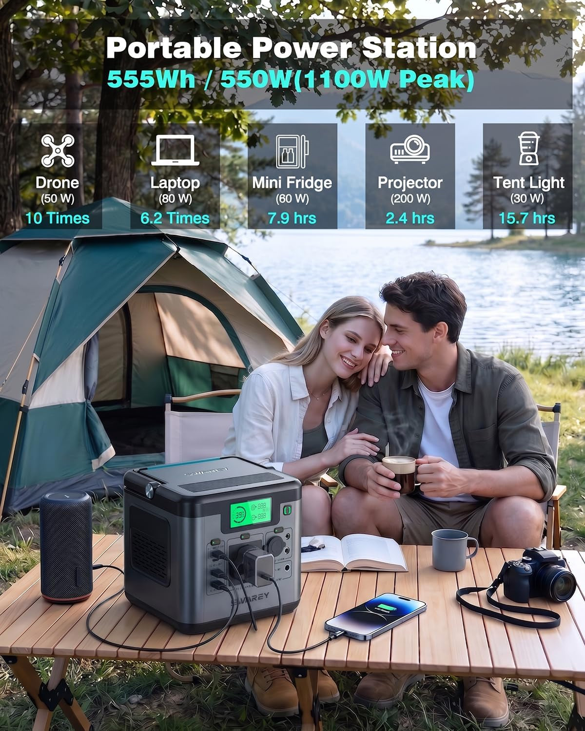 Portable Power Station S550, 555Wh Solar Generator with 550W (Peak 1100W) Pure Sine Wave AC, PD 140W Two-Way Fast Charging USB-C, Emergency Power Supply for Outdoor Camping RV Home