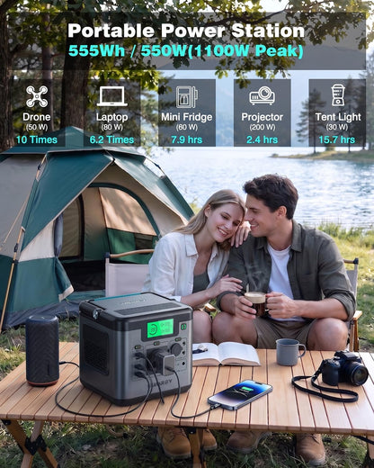 Portable Power Station S550, 555Wh Solar Generator with 550W (Peak 1100W) Pure Sine Wave AC, PD 140W Two-Way Fast Charging USB-C, Emergency Power Supply for Outdoor Camping RV Home