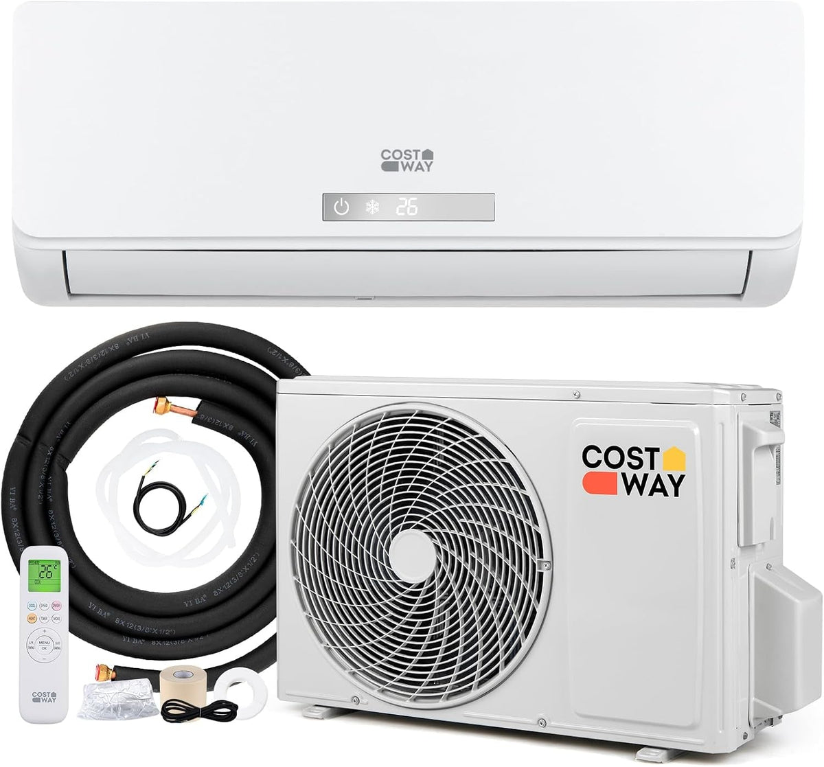 9000 BTU Air Conditioner Wall Split, 5 in 1 Air Cooler Heater Dehumidifier Air Purifier Fan with Heat Pump & Remote Control, A++ Efficiency, Inverter, Installation Kit Included