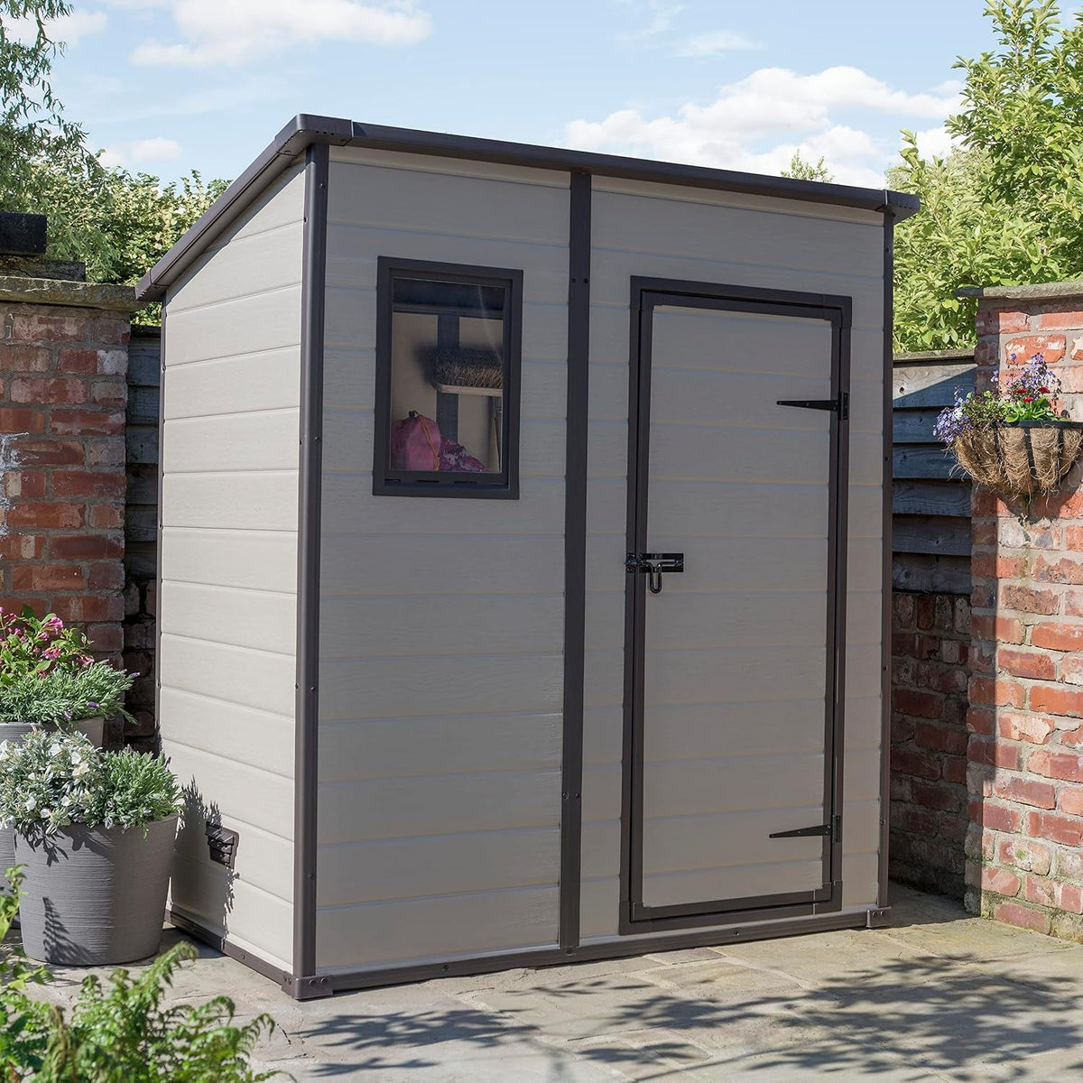 Manor Outdoor Pent Single Door Garden Storage Shed 6 X 4Ft Beige Brown Wood Effect Fade Free All Weather Resistant Safe and Secure Zero Maintenance 15 Year Warranty