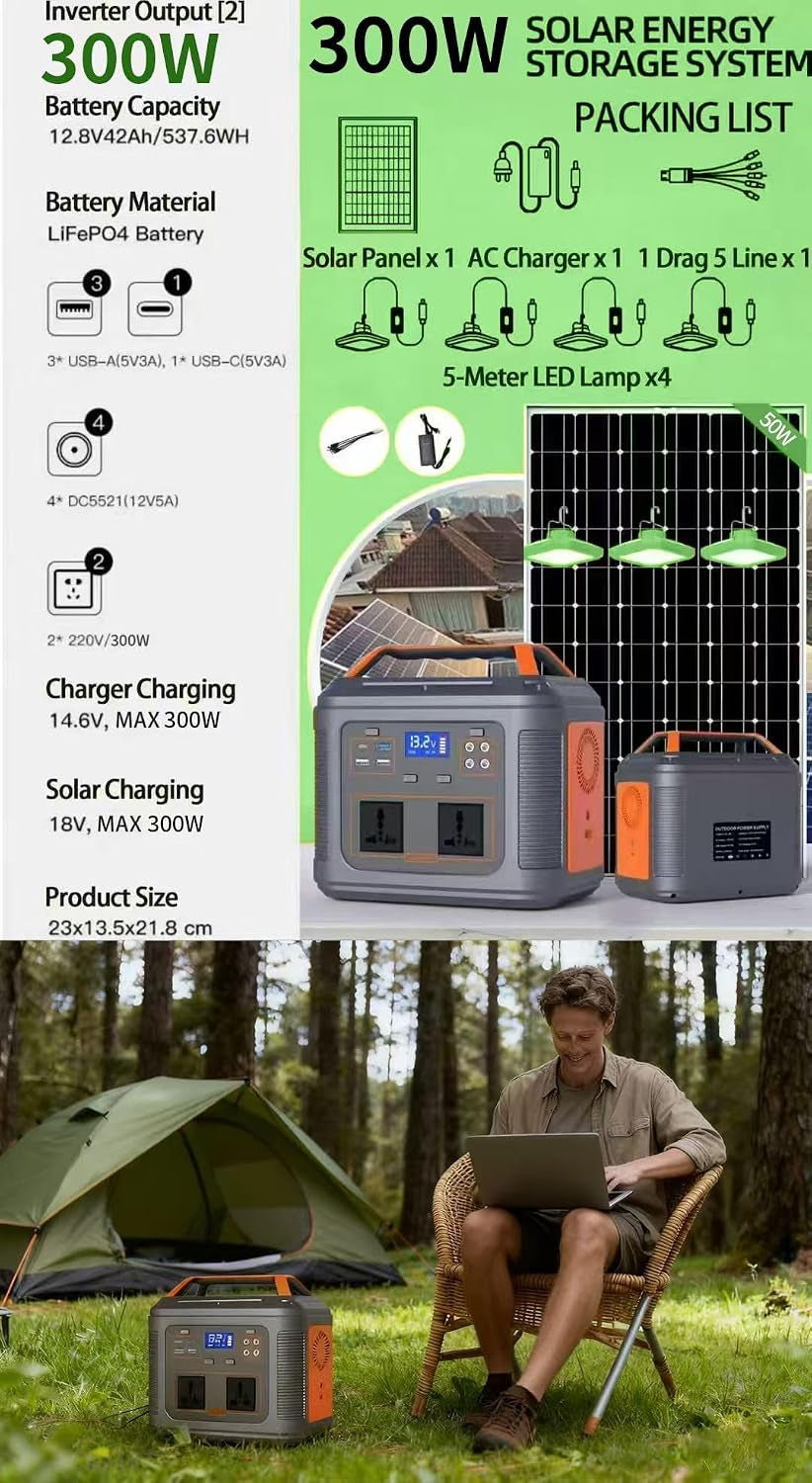Rexhan 300W Portable Power Station, Lifepo4 Battery, Mobile Battery Power, Solar Generator, Emergency Outdoor Power, 50W Solar Panel, 2025 Version, 240V AC Outlet, Rvs, Camping, Outdoor, USB-C (300W)