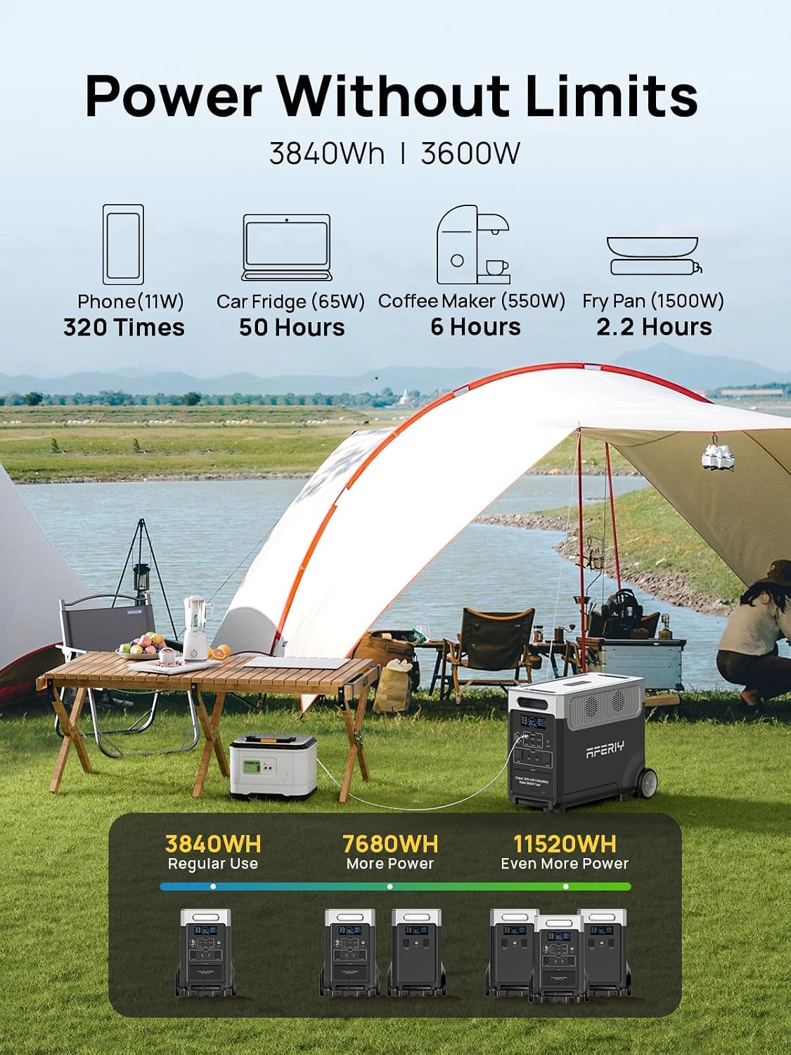 Portable Power Station 3600W with 400W Portable Solar Panel, Expandable Capacity up to 11520Wh, Portable Power Station 3840Wh Lifepo4, Silent Solar Generator for Home Backup, Camping, Off-Gird