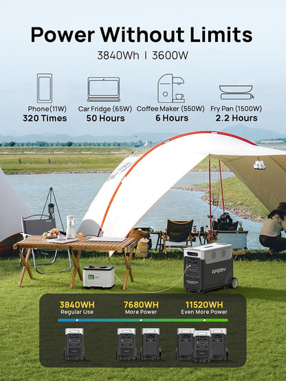 Portable Power Station 3600W with 400W Portable Solar Panel, Expandable Capacity up to 11520Wh, Portable Power Station 3840Wh Lifepo4, Silent Solar Generator for Home Backup, Camping, Off-Gird