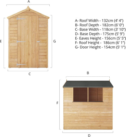 WALTONS | 6 X 4 Overlap Wood Storage Shed | Apex Roof | 7Mm Overlap Cladding | Wooden Garden Storage Shed | Single Door | Windows |10 Year anti Rot | 6Ft 4Ft