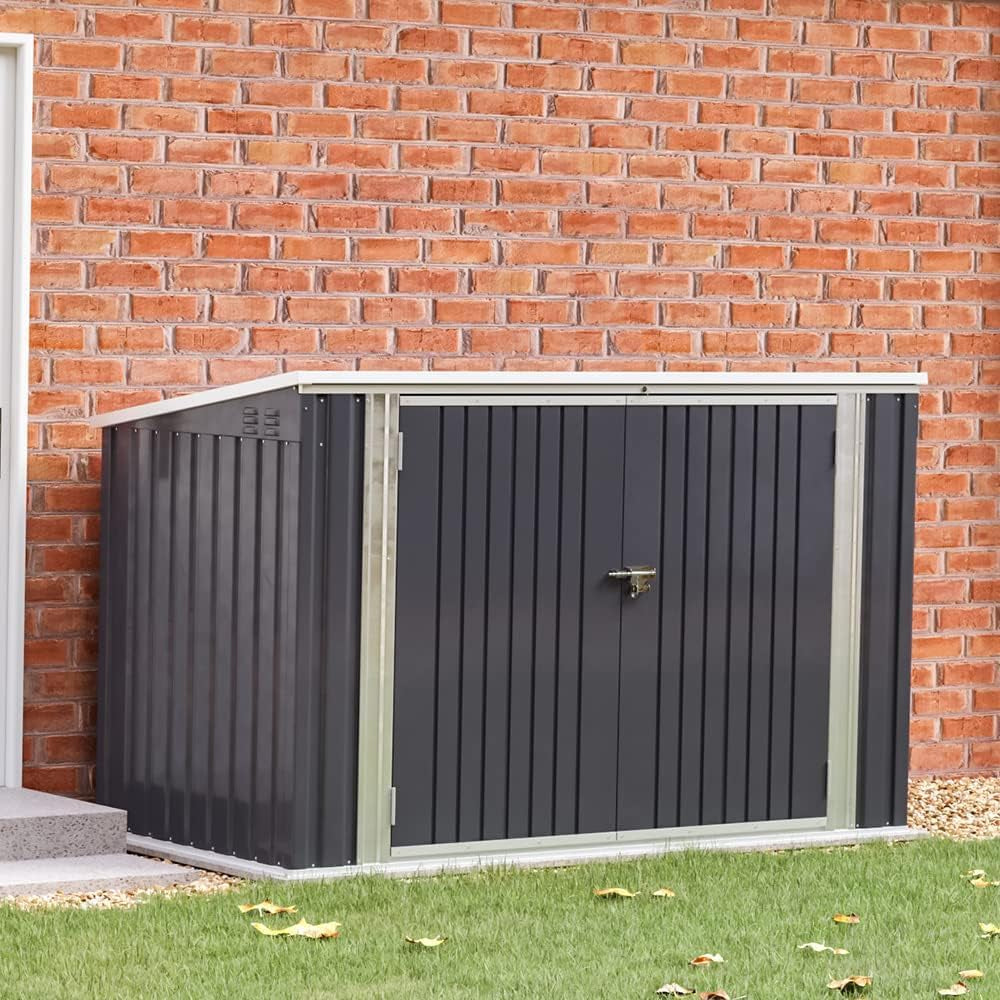 Lockable Garden Storage Shed, Outdoor Bike Shed with Door and Roof, Metal Galvanized Steel Pent Tool Storage Sheds for Bikes, Garbage Bins, Black (D105X W210X H130Cm)